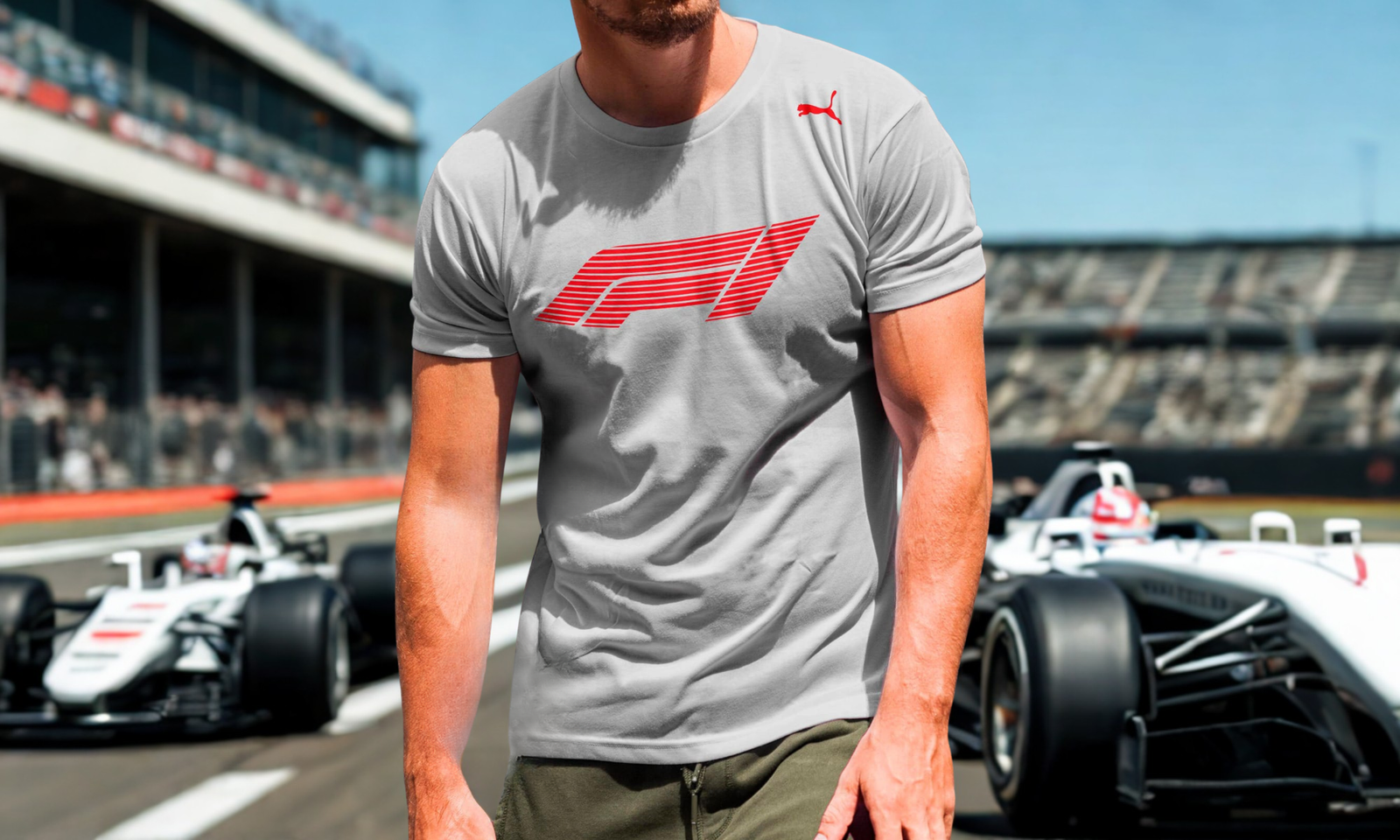 Camiseta Puma Fórmula 1 Gris con Logo Rojo Oficial